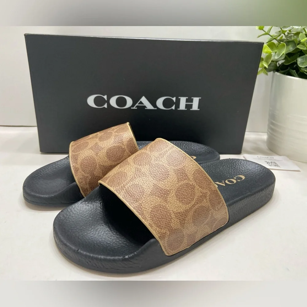 NEW Coach Udele Logo Women's Coated Canvas Slide Sandals Tan/Black 7,8,9,10,11